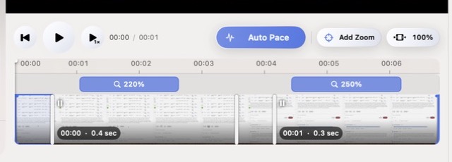 The current TightTake video editor showing separate Auto Pace and Add Zoom controls, editable zoom ranges, and video segments on the timeline