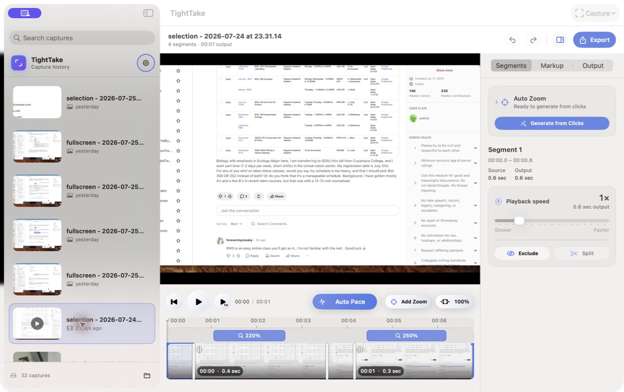 The current TightTake editor with distinct Auto Pace and Add Zoom controls, one zoom lane, and a segment inspector
